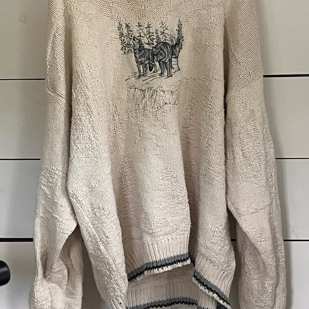 Cream and Black Crewneck Sweater with Wolf Graphics